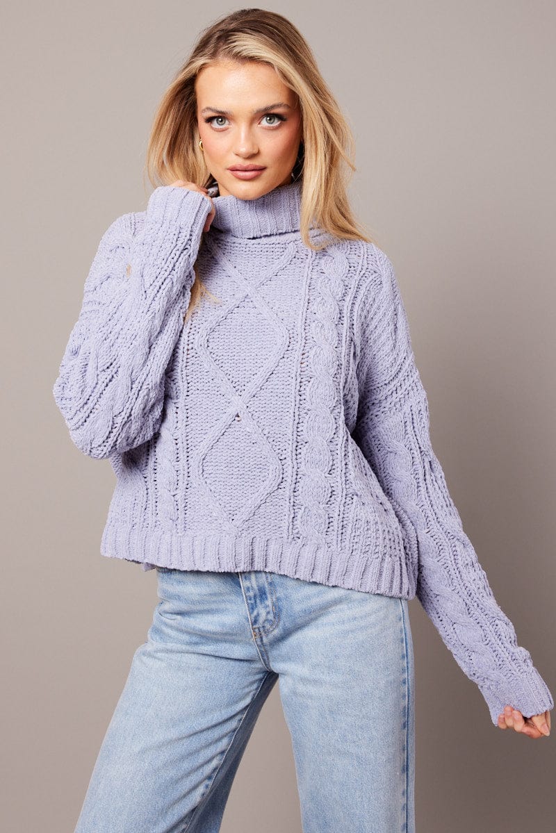 Blue Cable Knit Jumper High Neck for Ally Fashion