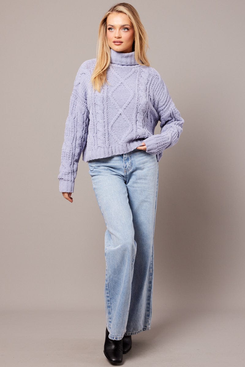 Blue Cable Knit Jumper High Neck for Ally Fashion