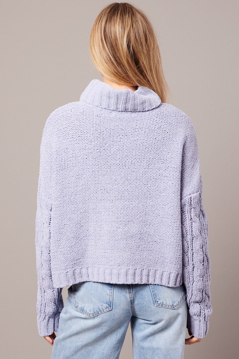 Blue Cable Knit Jumper High Neck for Ally Fashion