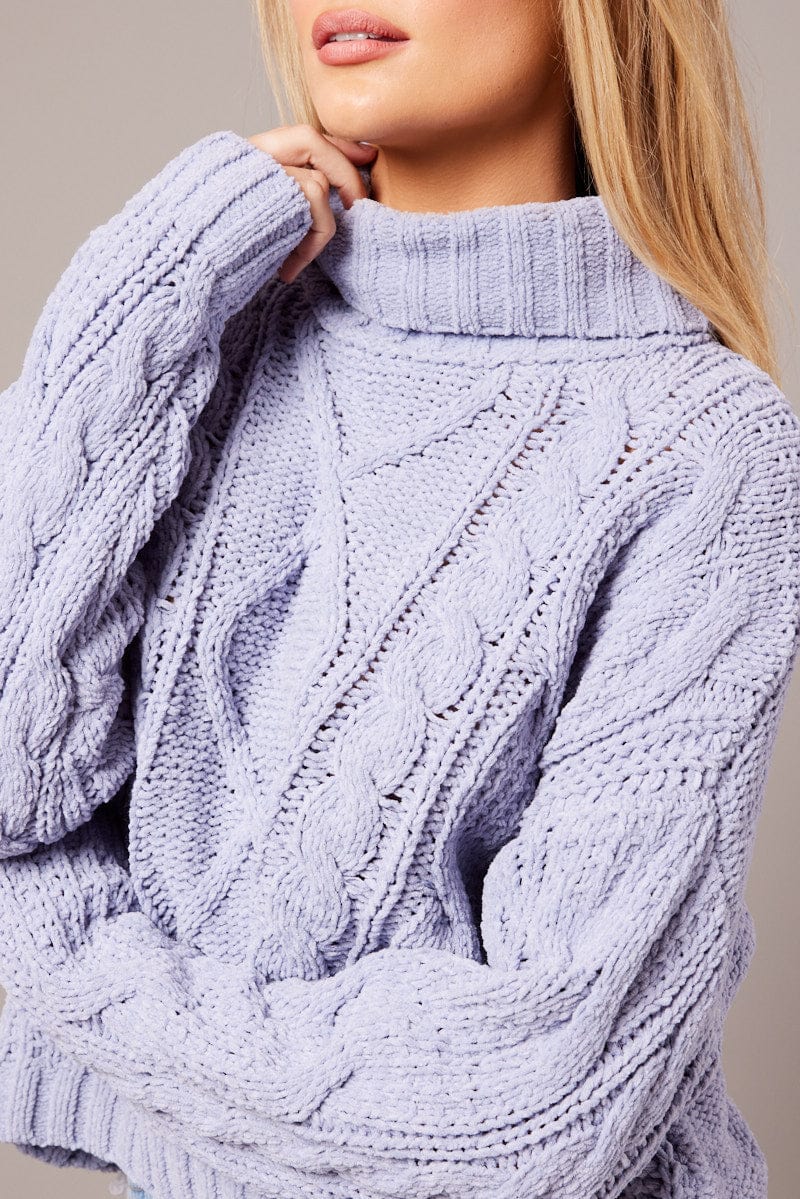 Blue Cable Knit Jumper High Neck for Ally Fashion