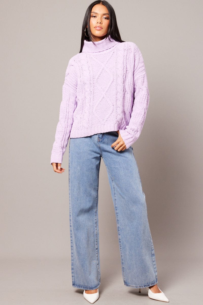 Purple Cable Knit Jumper High Neck for Ally Fashion