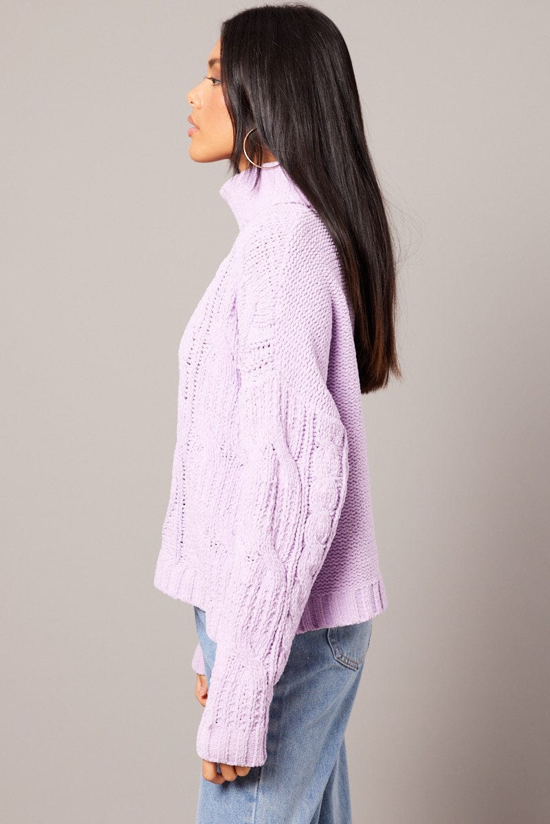 Purple Cable Knit Jumper High Neck for Ally Fashion