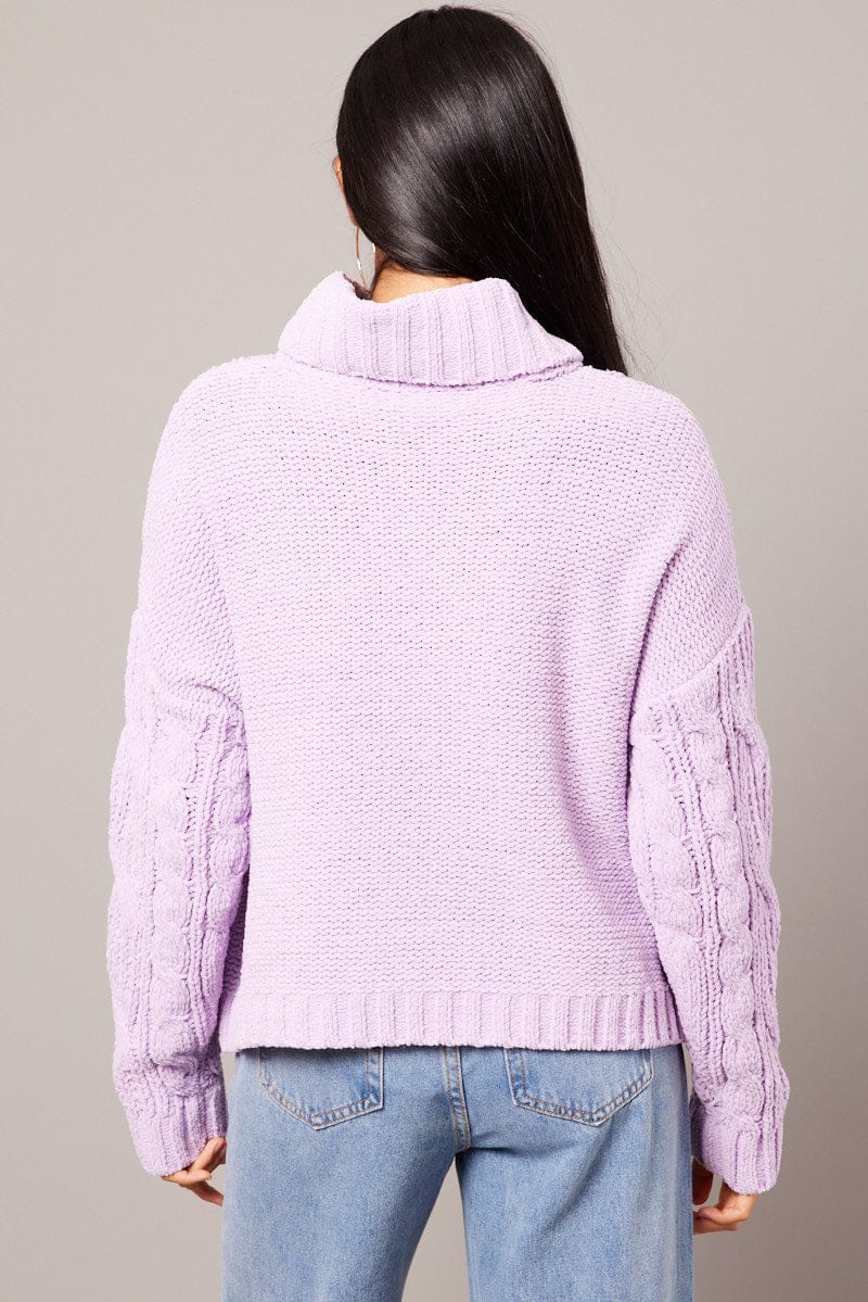 Purple Cable Knit Jumper High Neck for Ally Fashion