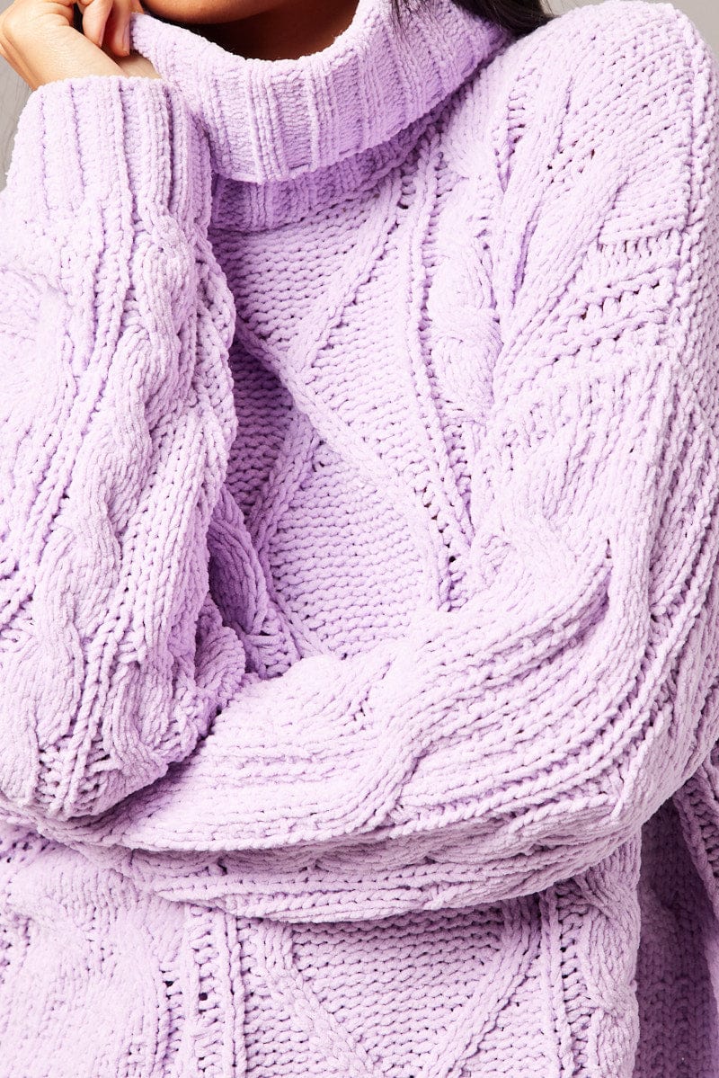 Purple Cable Knit Jumper High Neck for Ally Fashion