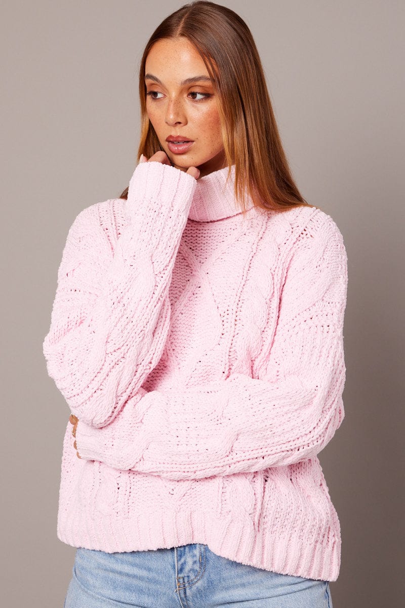 Pink Cable Knit Jumper High Neck for Ally Fashion