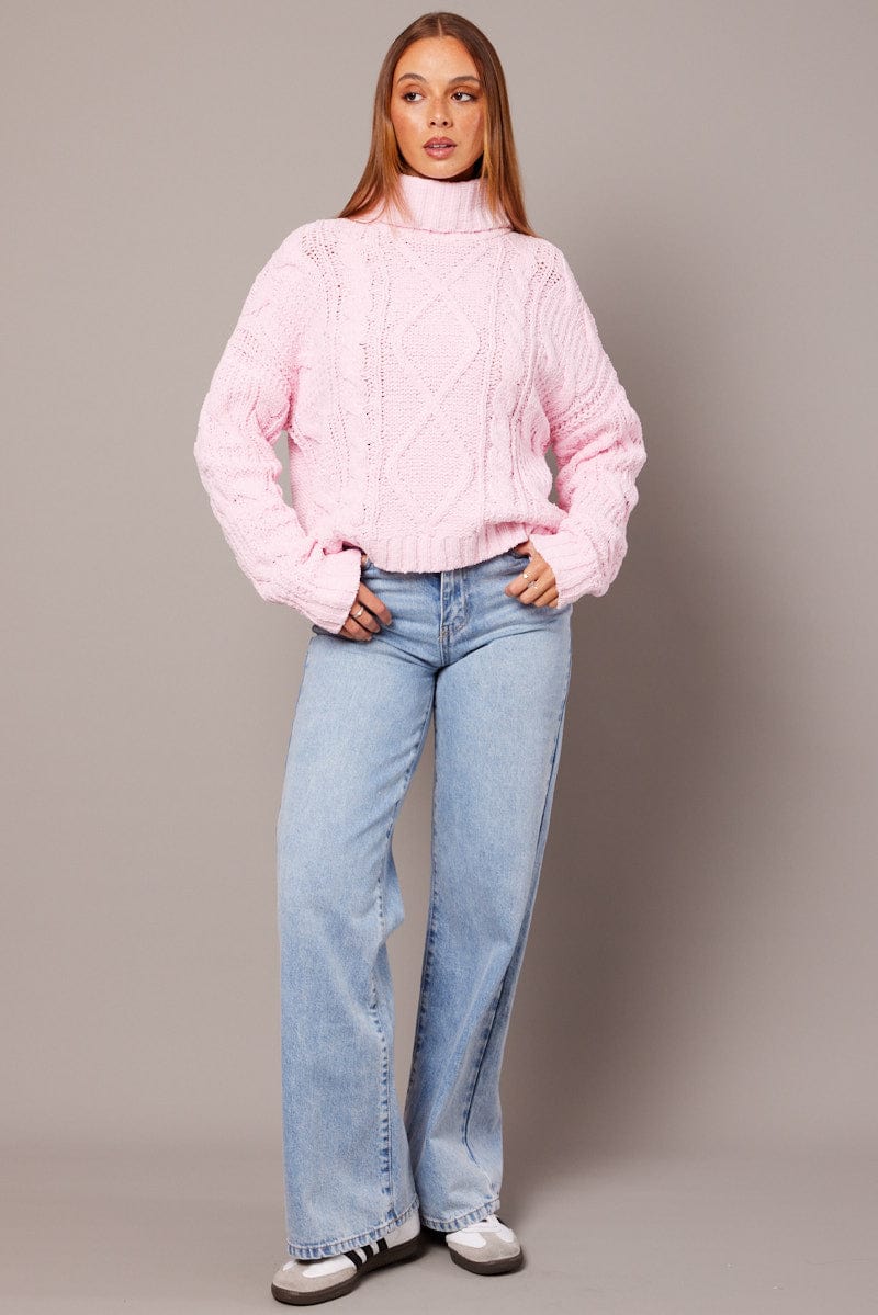 Pink Cable Knit Jumper High Neck for Ally Fashion