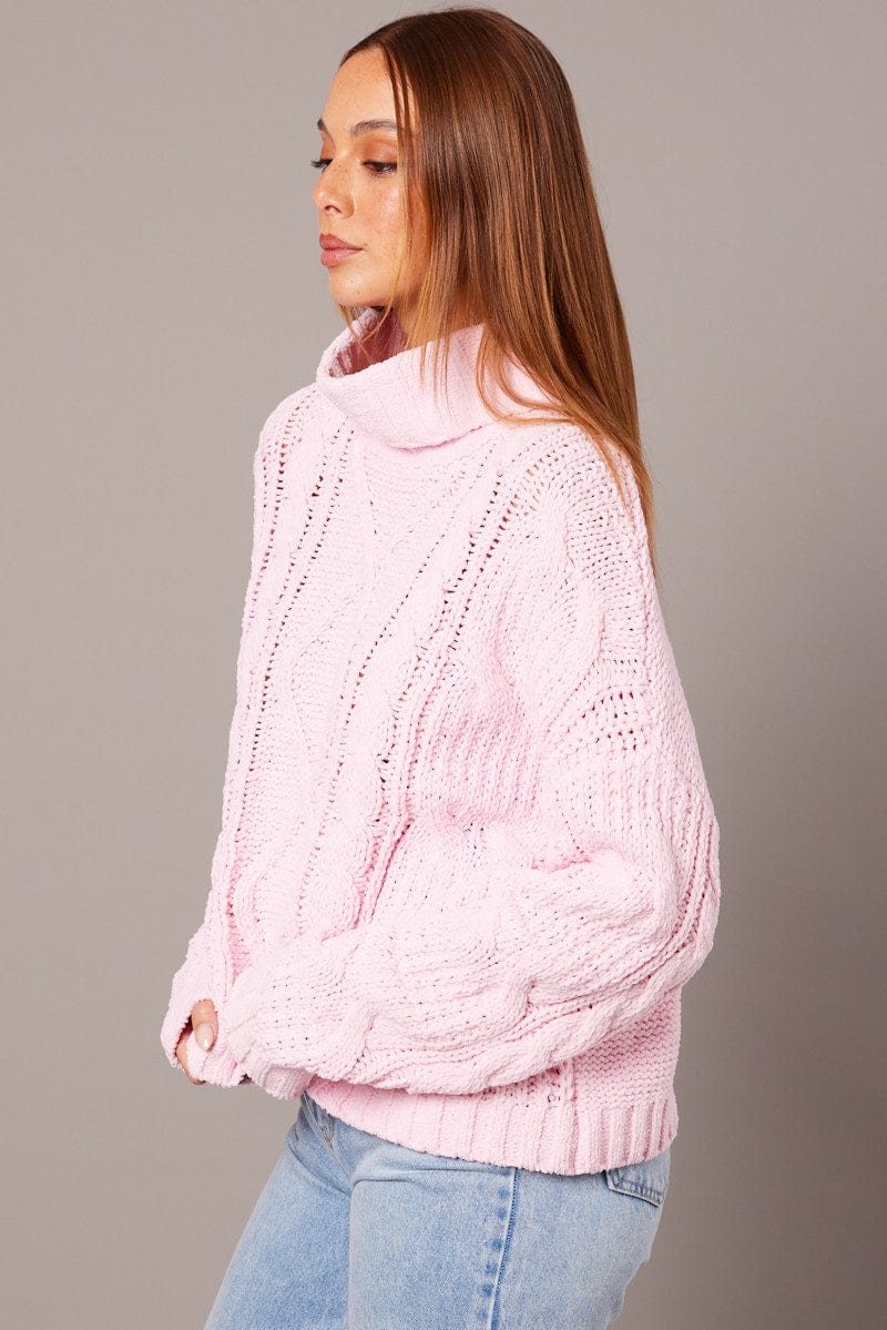 Pink Cable Knit Jumper High Neck for Ally Fashion