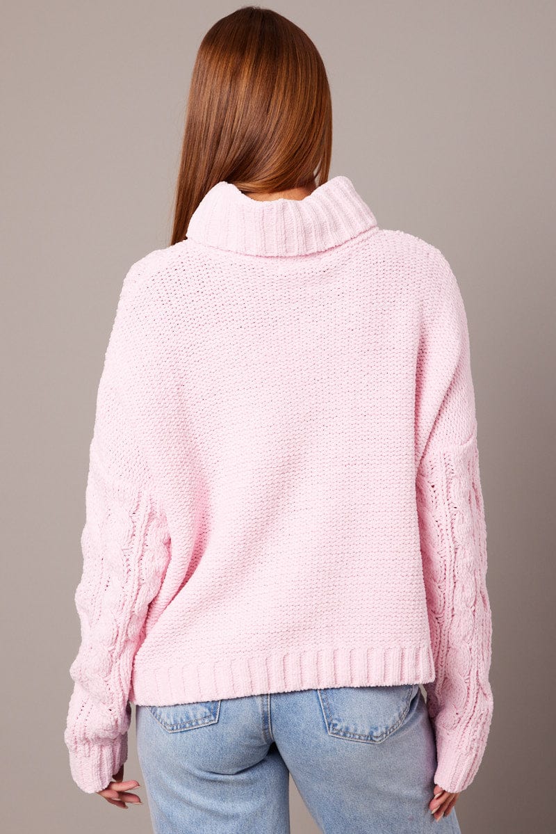 Pink Cable Knit Jumper High Neck for Ally Fashion