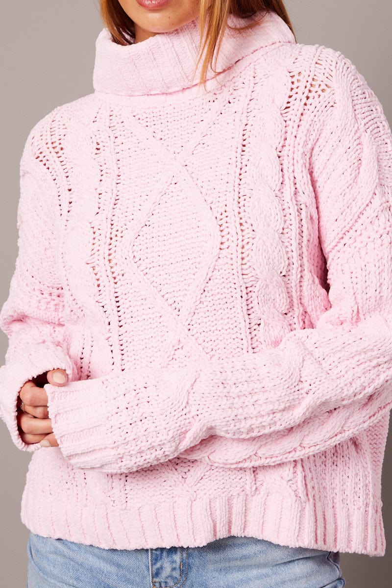 Pink Cable Knit Jumper High Neck for Ally Fashion