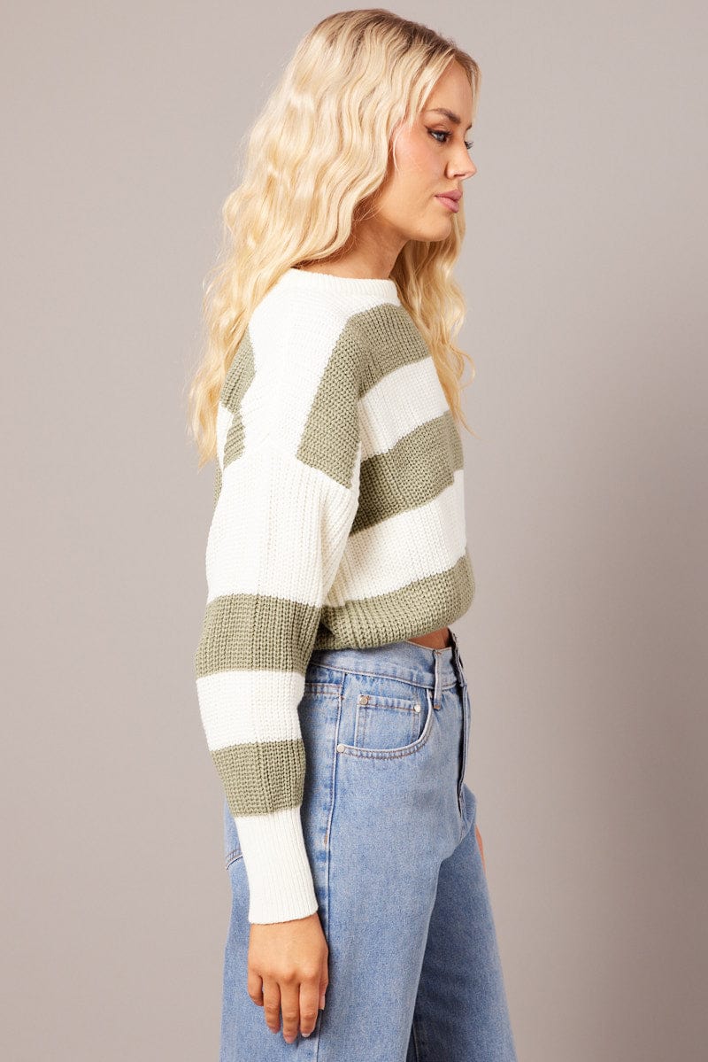 Green Stripe Knit Jumper Long Sleeve for Ally Fashion