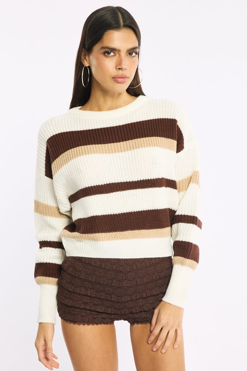 Beige Stripe Knit Top Long Sleeve Color Block for Ally Fashion