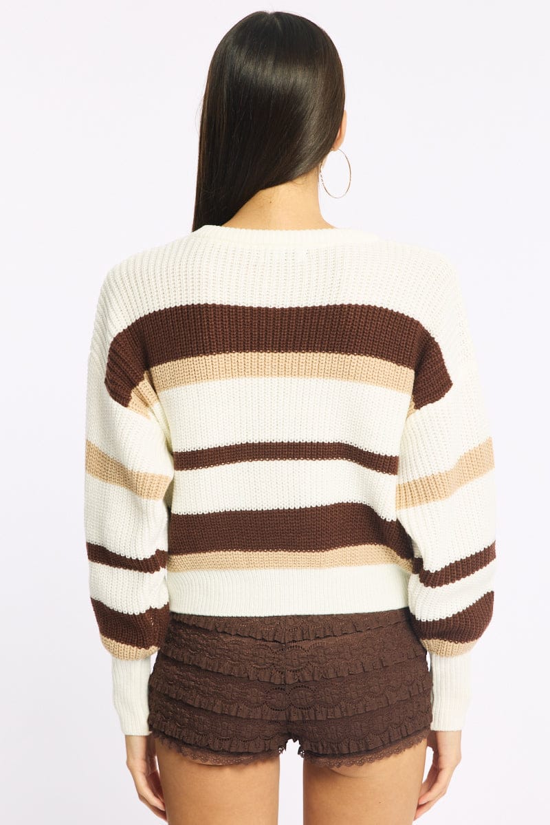 Beige Stripe Knit Top Long Sleeve Color Block for Ally Fashion