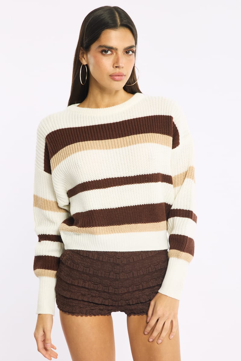 Beige Stripe Knit Top Long Sleeve Color Block for Ally Fashion