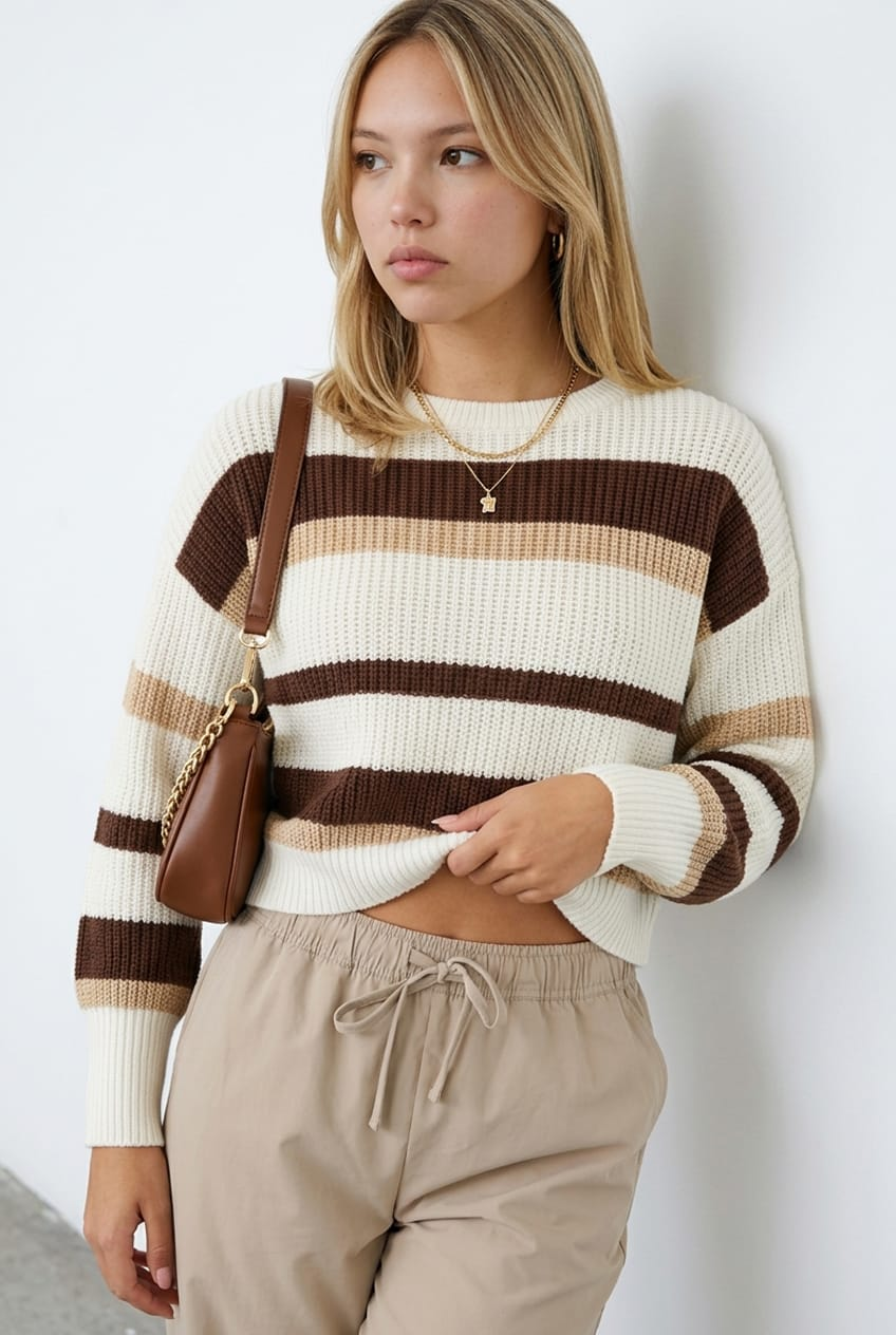 Beige Stripe Knit Top Long Sleeve Color Block for Ally Fashion