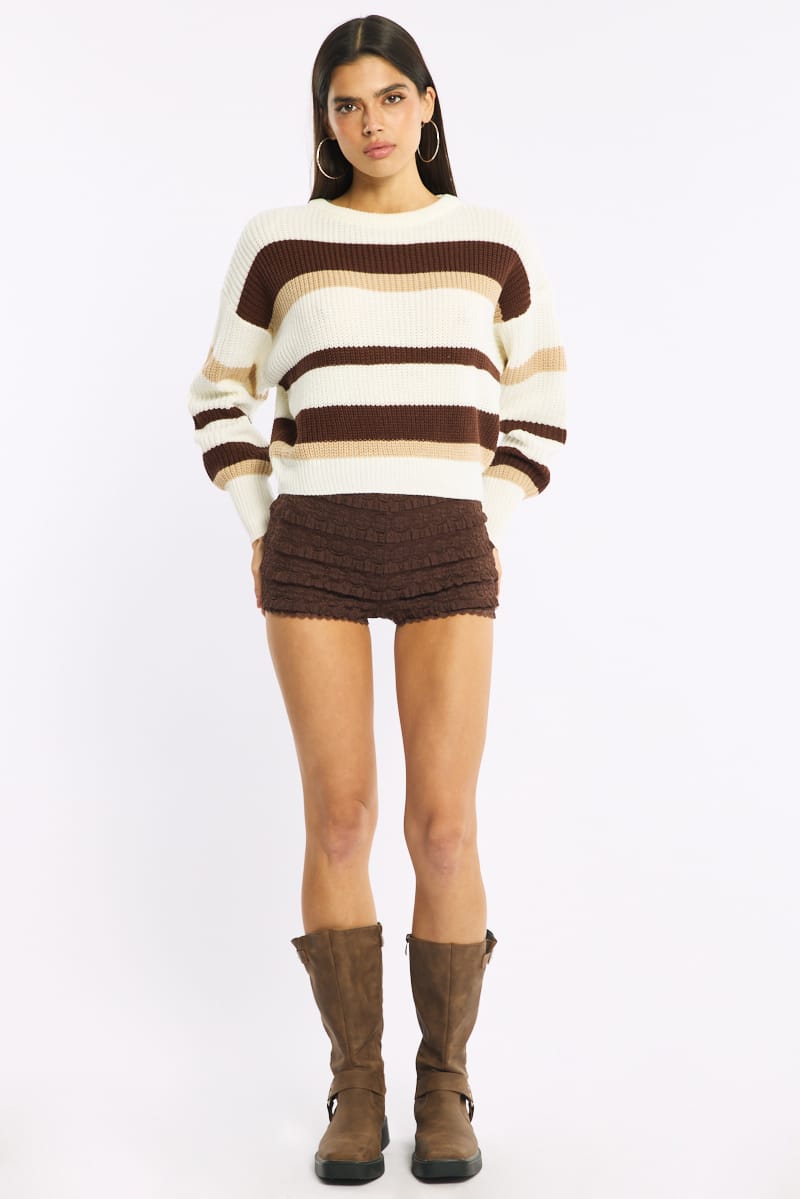 Beige Stripe Knit Top Long Sleeve Color Block for Ally Fashion