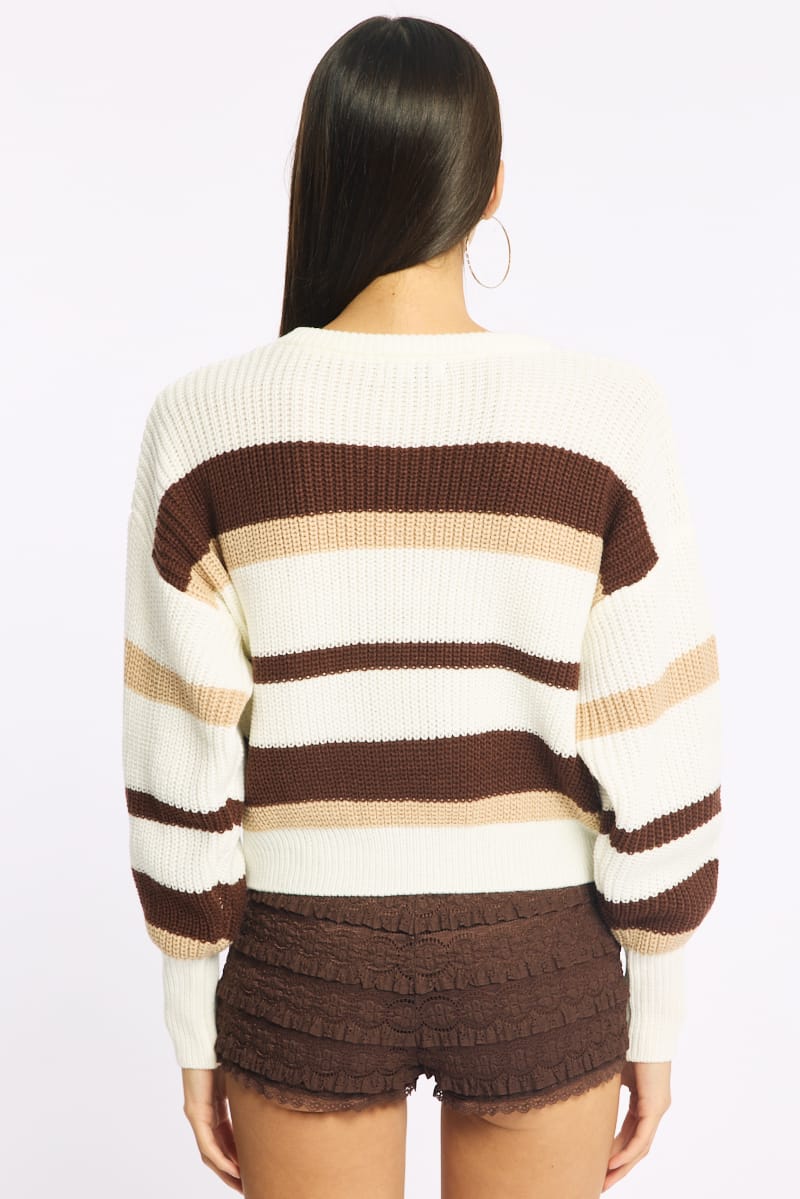 Beige Stripe Knit Top Long Sleeve Color Block for Ally Fashion