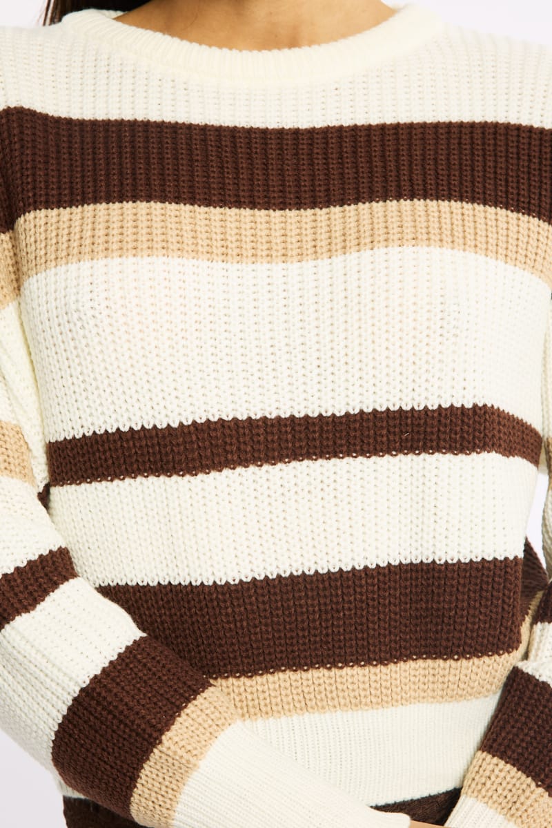Beige Stripe Knit Top Long Sleeve Color Block for Ally Fashion