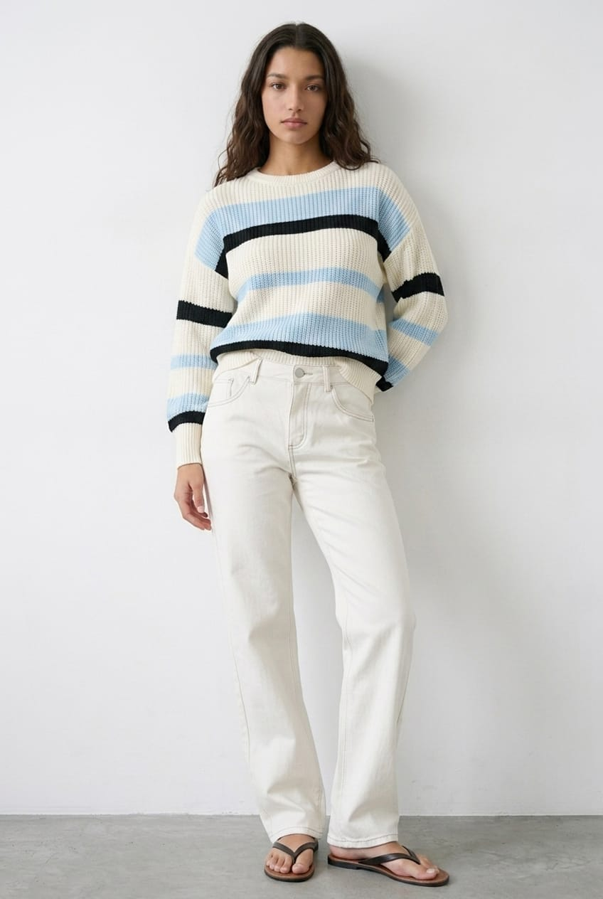 Blue Stripe Knit Top Long Sleeve Color Block for Ally Fashion