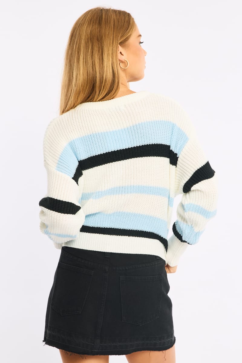 Blue Stripe Knit Top Long Sleeve Color Block for Ally Fashion
