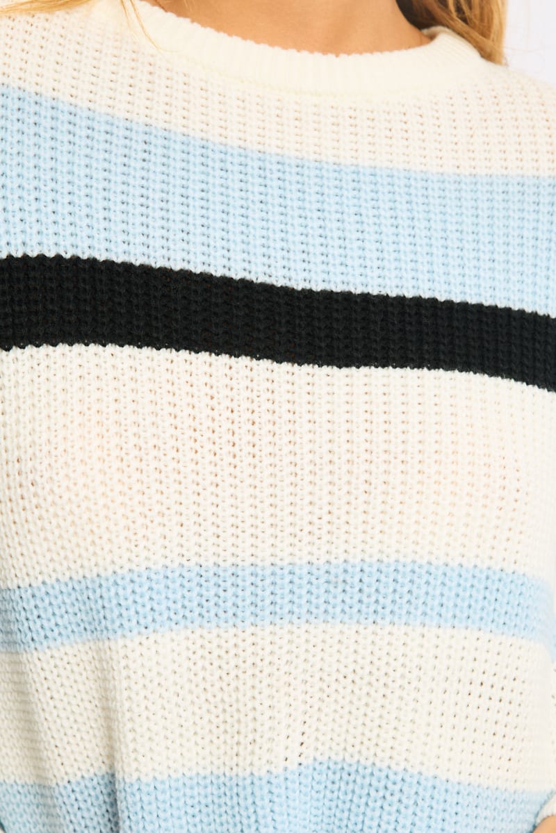 Blue Stripe Knit Top Long Sleeve Color Block for Ally Fashion