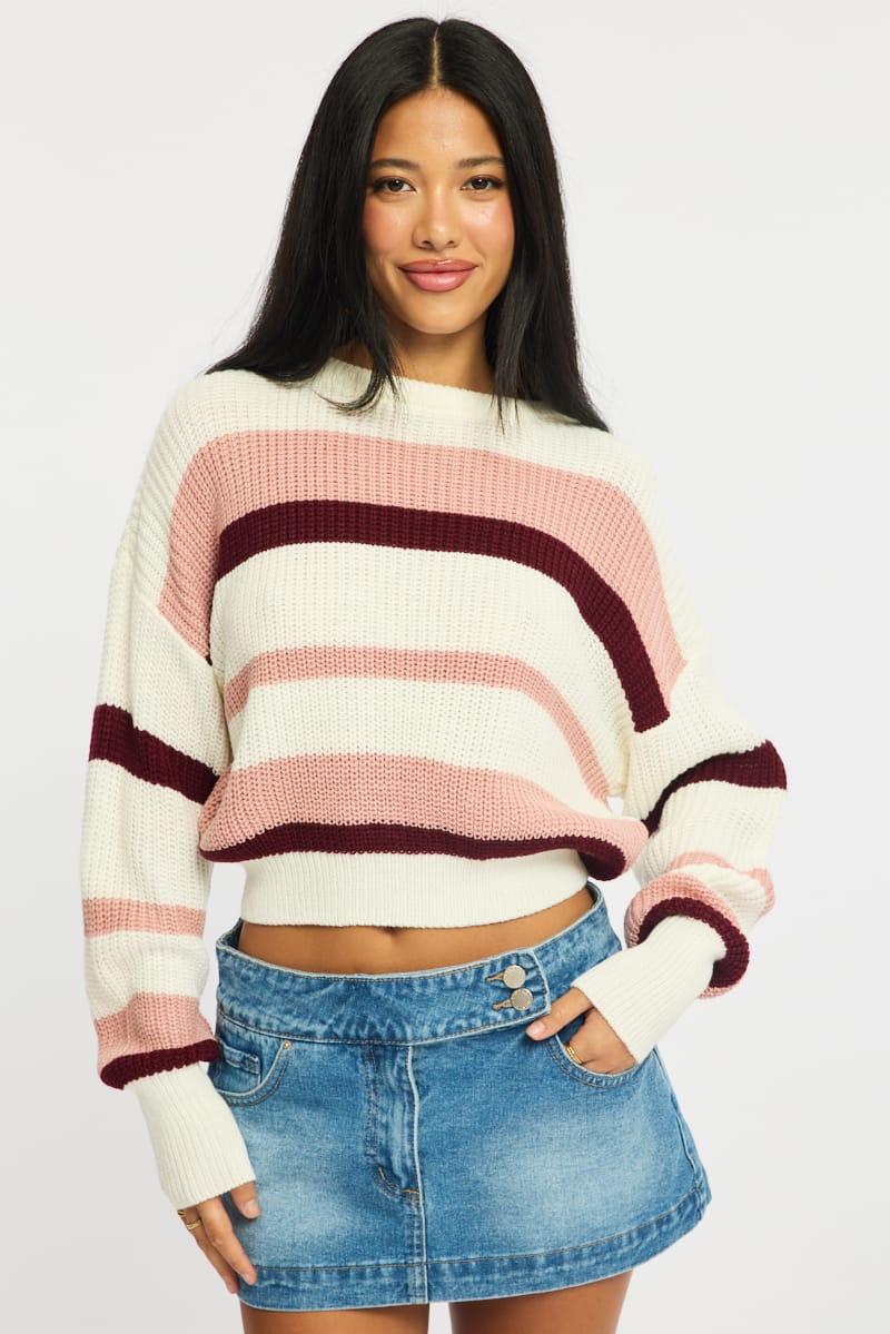 Pink Stripe Knit Top Long Sleeve Color Block for Ally Fashion
