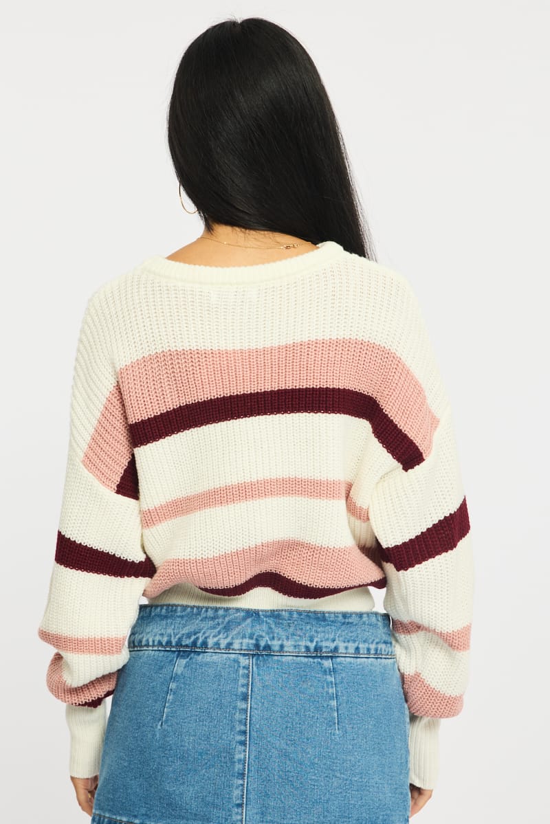 Pink Stripe Knit Top Long Sleeve Color Block for Ally Fashion