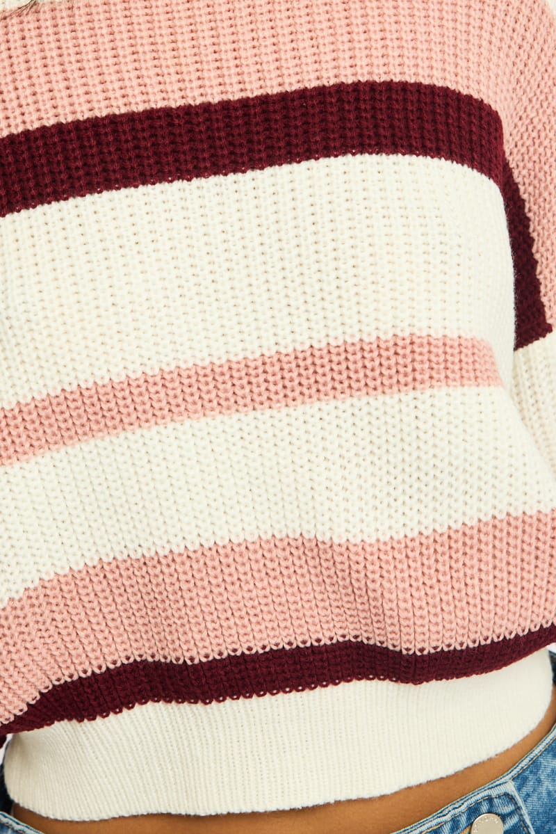 Pink Stripe Knit Top Long Sleeve Color Block for Ally Fashion