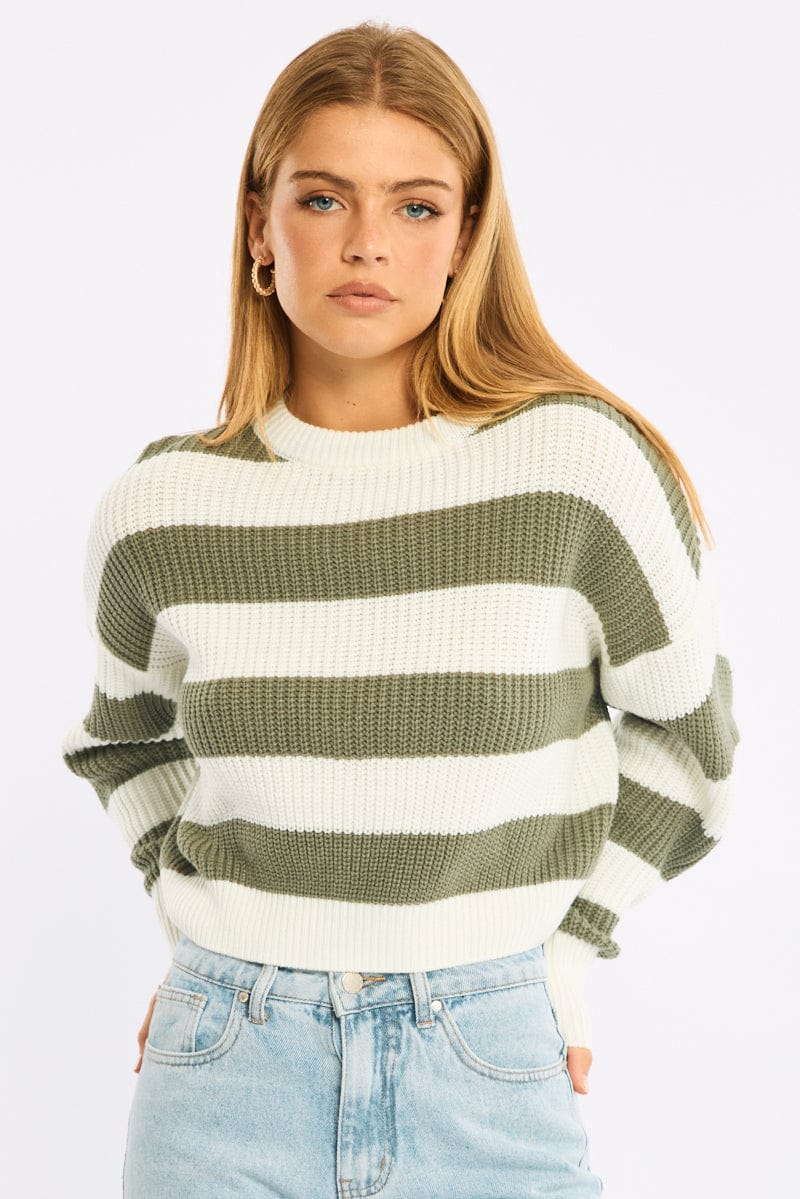 Green Stripe Knit Top Long Sleeve Color Block for Ally Fashion