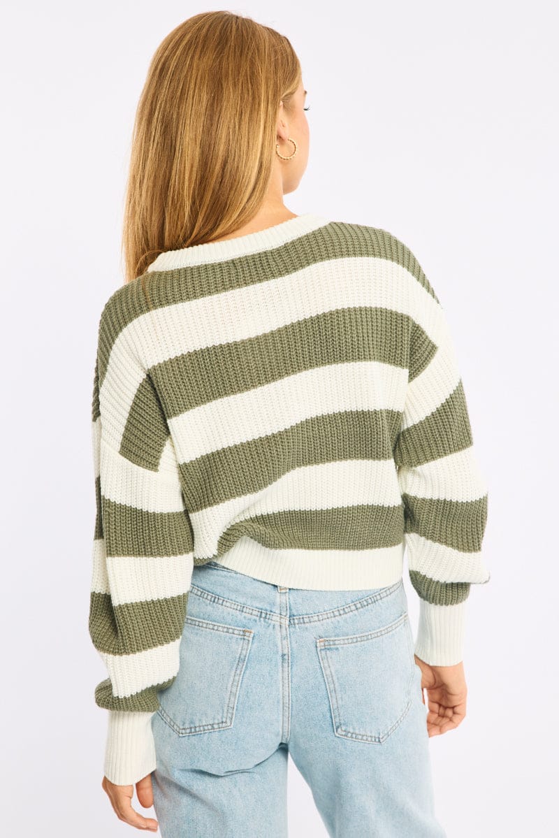 Green Stripe Knit Top Long Sleeve Color Block for Ally Fashion