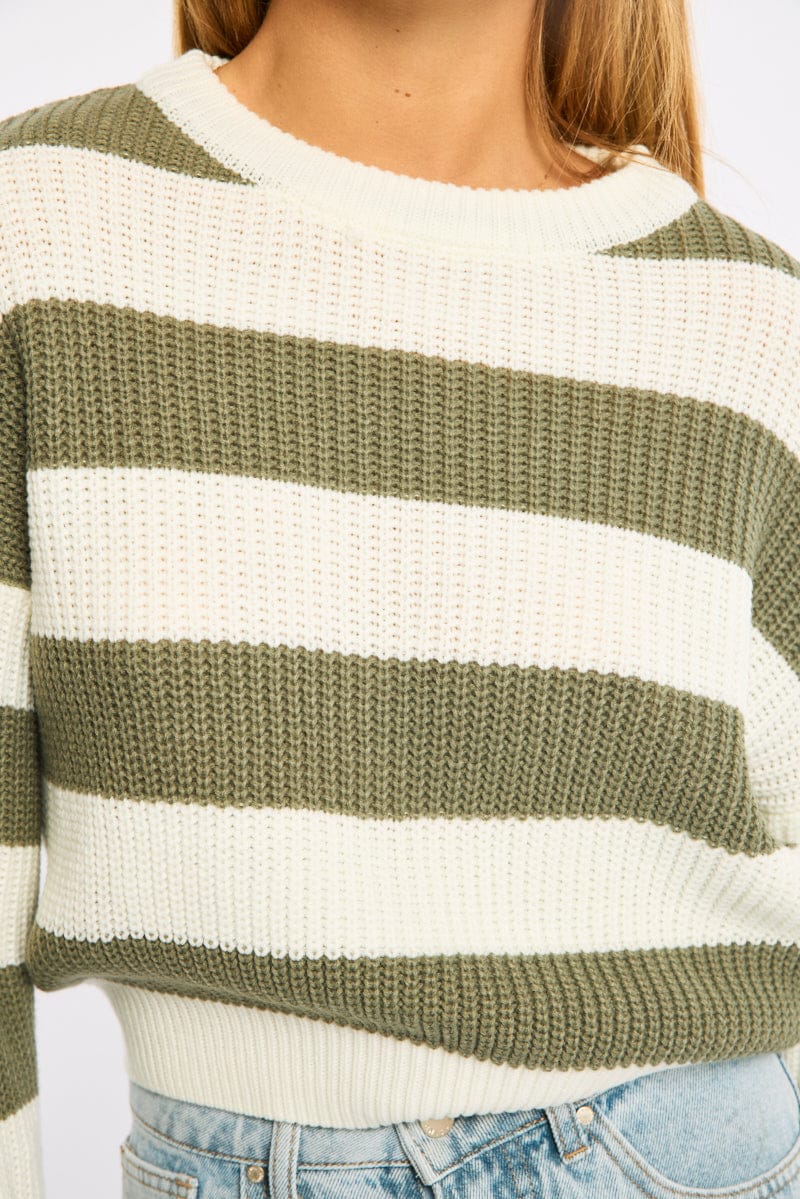 Green Stripe Knit Top Long Sleeve Color Block for Ally Fashion