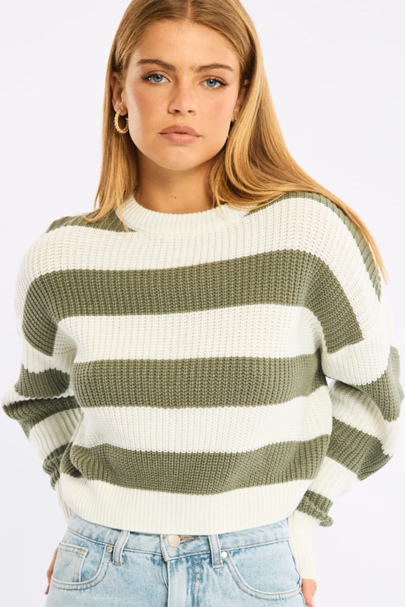 Green Stripe Knit Top Long Sleeve Color Block for Ally Fashion