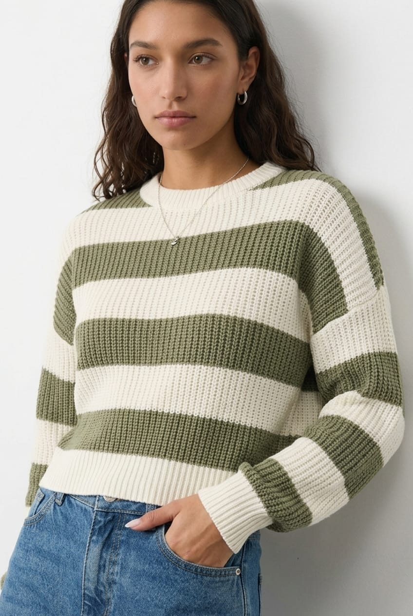 Green Stripe Knit Top Long-Sleeve Colour-Block from Ally Fashion