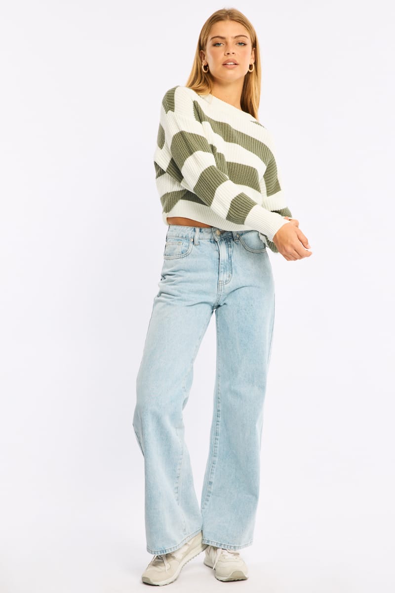 Green Stripe Knit Top Long Sleeve Color Block for Ally Fashion
