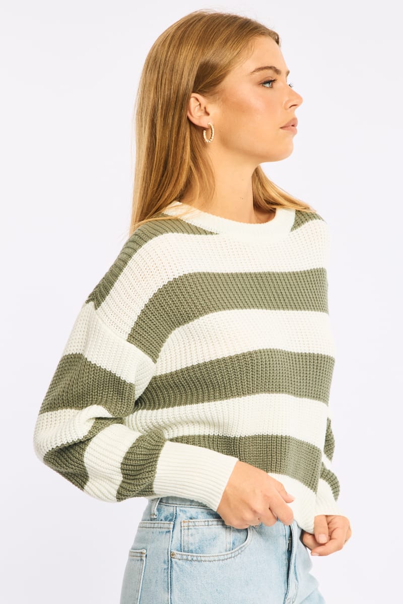 Green Stripe Knit Top Long Sleeve Color Block for Ally Fashion
