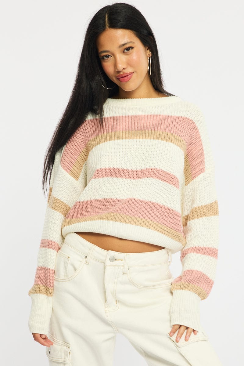 Purple Stripe Knit Top Long Sleeve Color Block for Ally Fashion