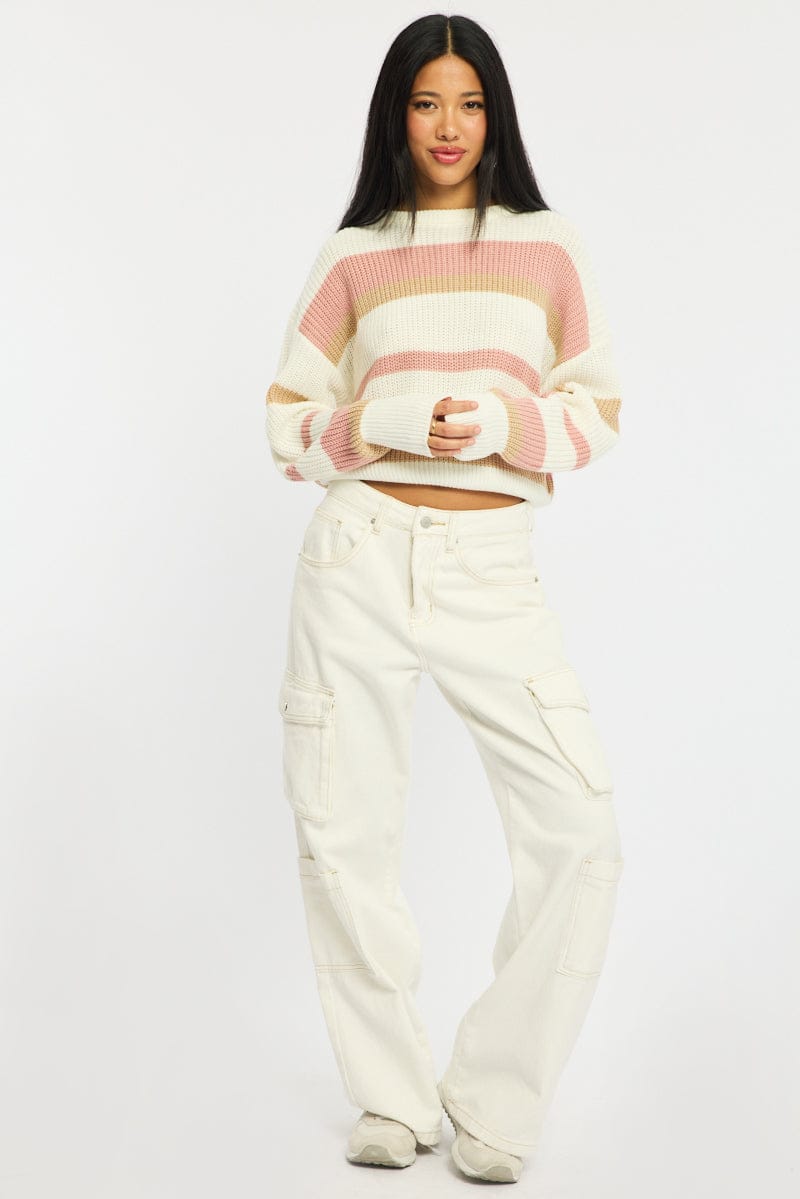 Purple Stripe Knit Top Long Sleeve Color Block for Ally Fashion