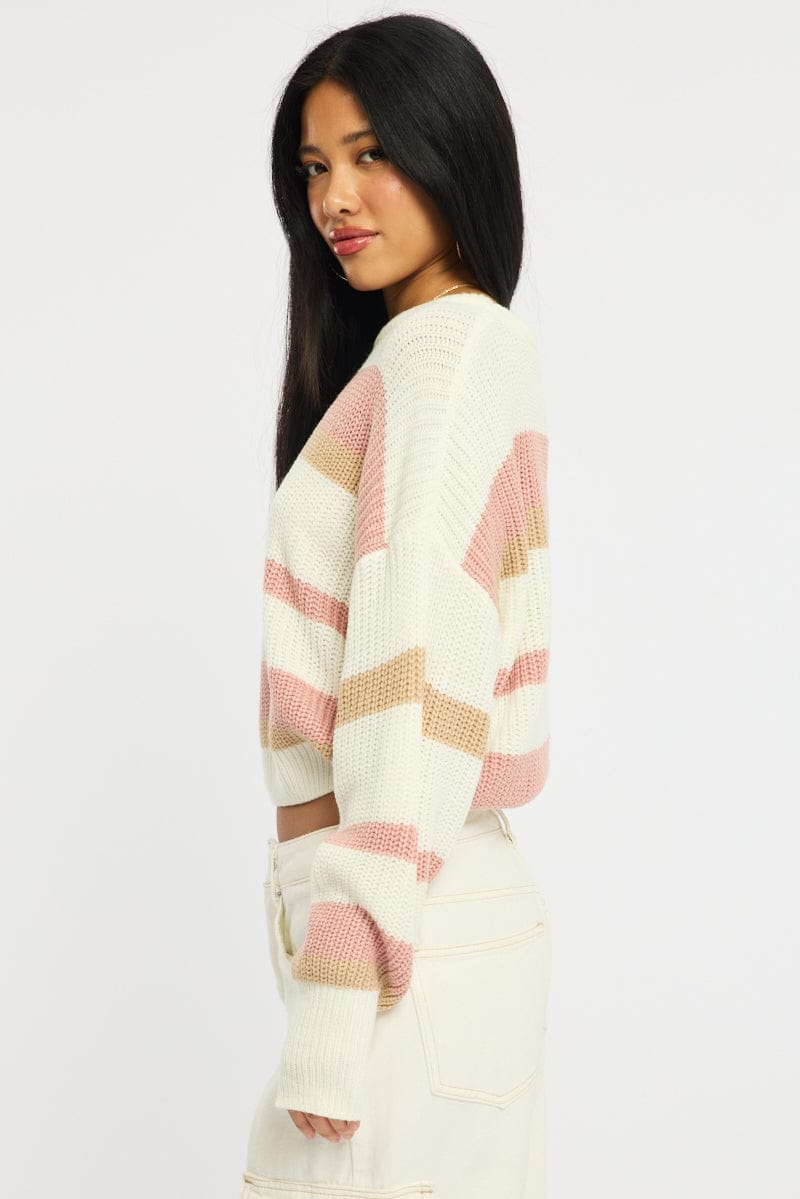 Purple Stripe Knit Top Long Sleeve Color Block for Ally Fashion