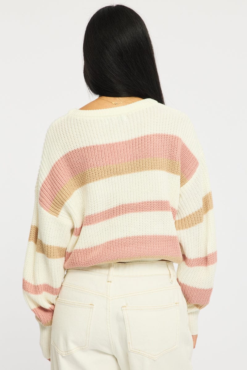 Purple Stripe Knit Top Long Sleeve Color Block for Ally Fashion