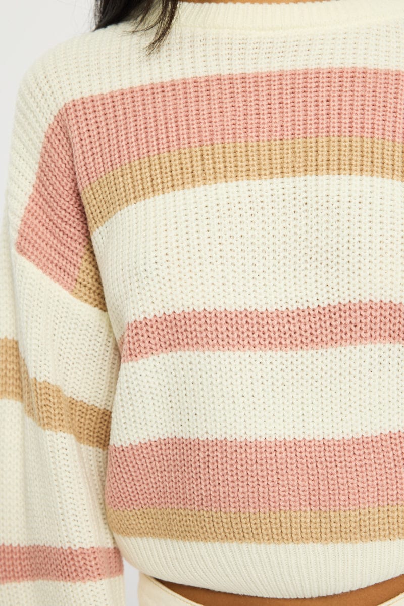 Purple Stripe Knit Top Long Sleeve Color Block for Ally Fashion