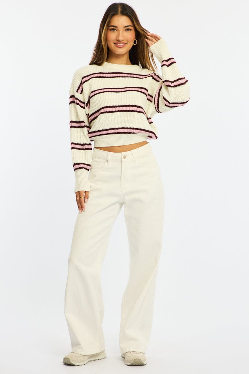 Pink Stripe Knit Top Long Sleeve Color Block for Ally Fashion
