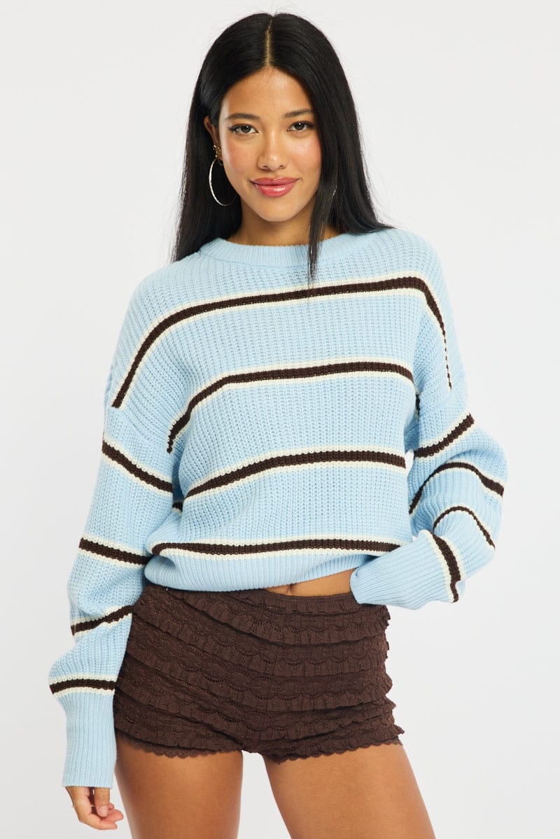 Blue Stripe Knit Top Long Sleeve Color Block for Ally Fashion