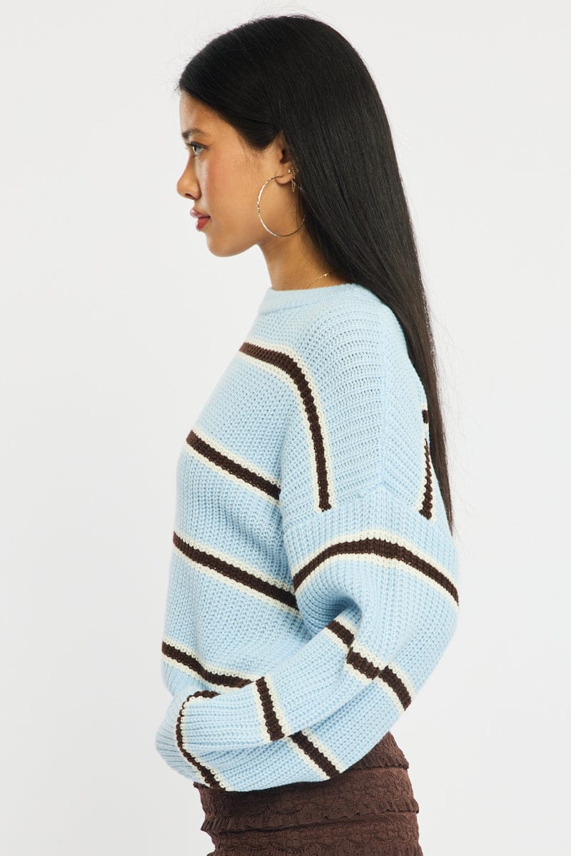 Blue Stripe Knit Top Long Sleeve Color Block for Ally Fashion
