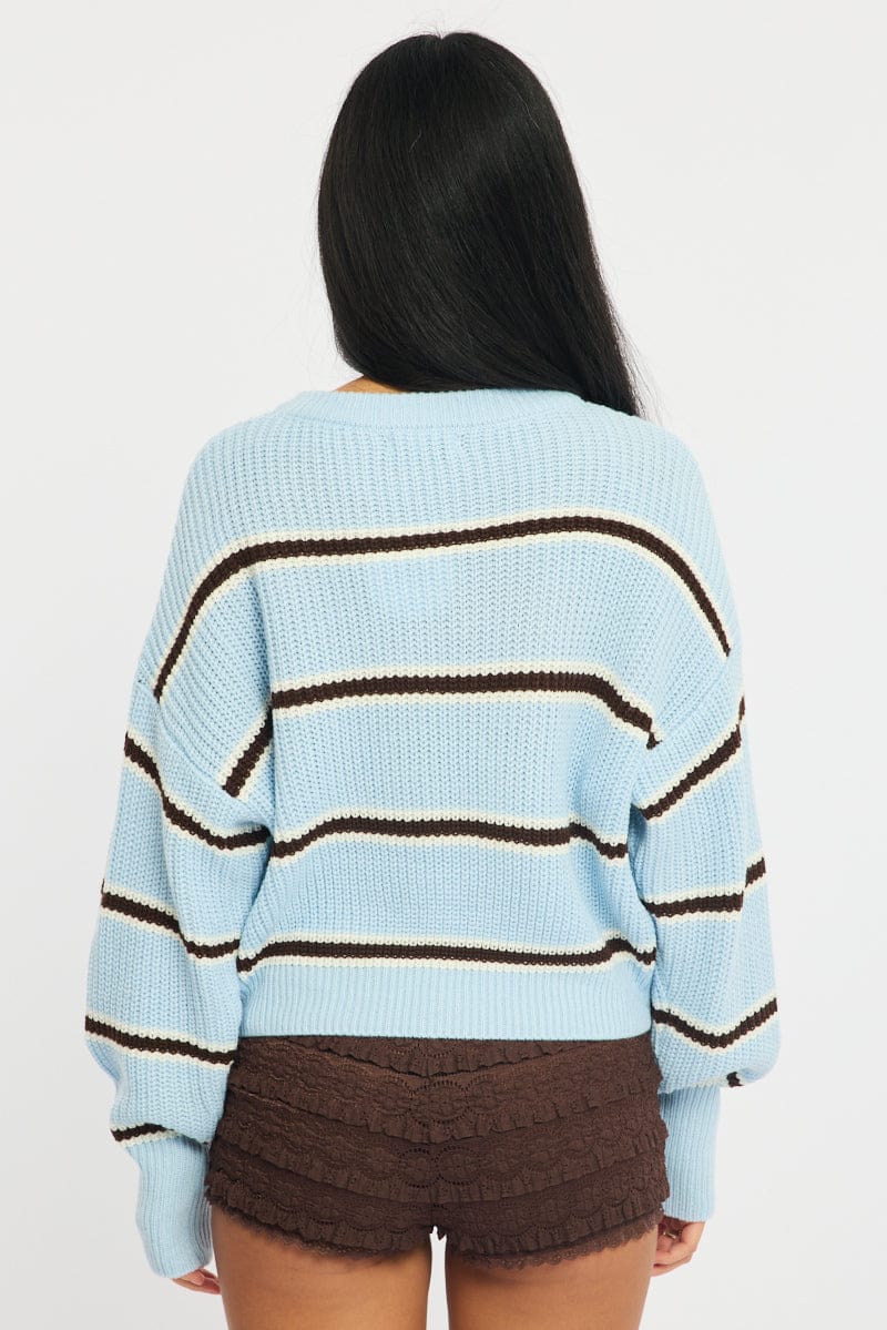 Blue Stripe Knit Top Long Sleeve Color Block for Ally Fashion