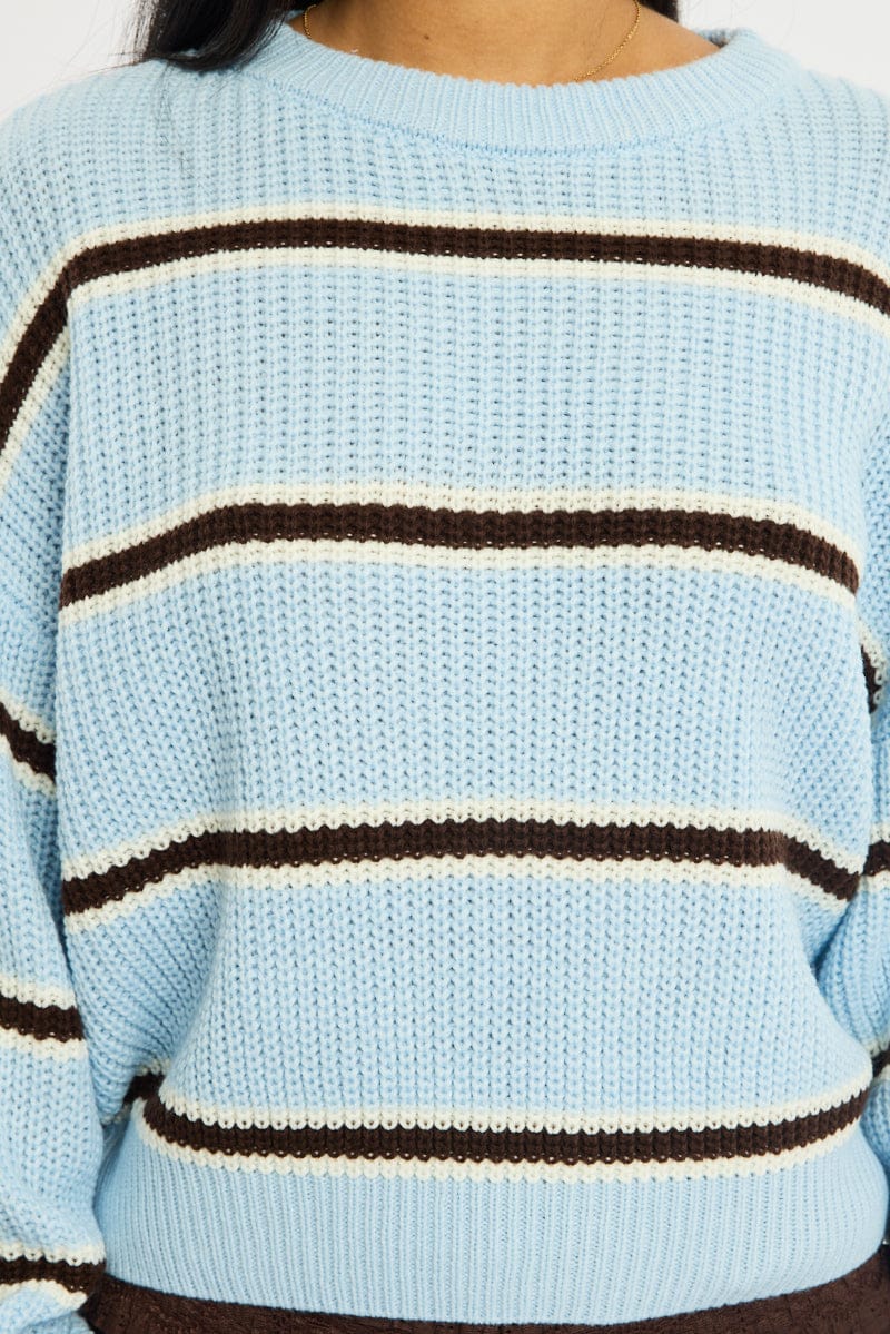 Blue Stripe Knit Top Long Sleeve Color Block for Ally Fashion
