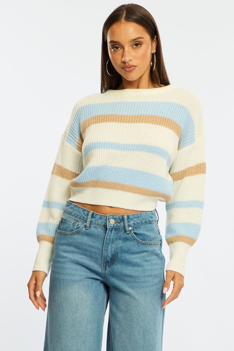 Blue Stripe Knit Top Long Sleeve Color Block for Ally Fashion
