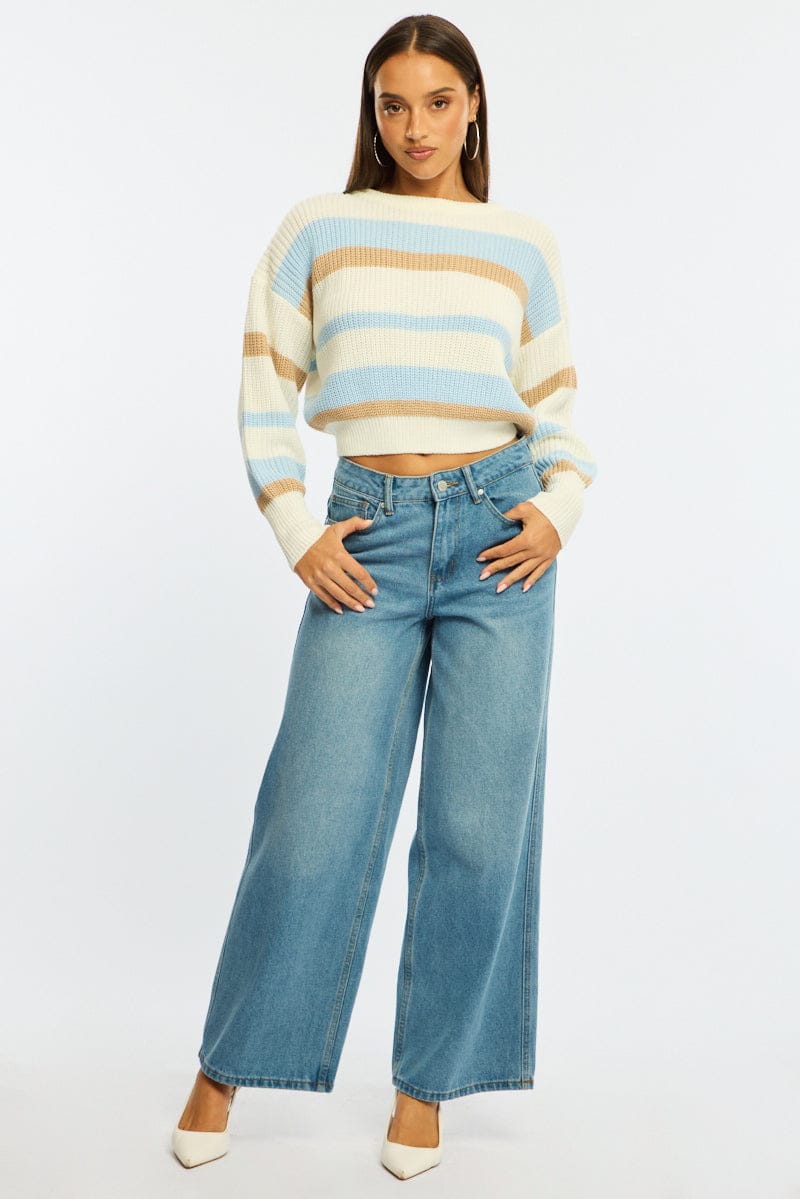 Blue Stripe Knit Top Long Sleeve Color Block for Ally Fashion