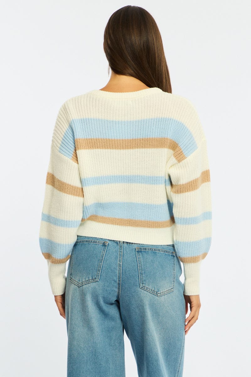 Blue Stripe Knit Top Long Sleeve Color Block for Ally Fashion