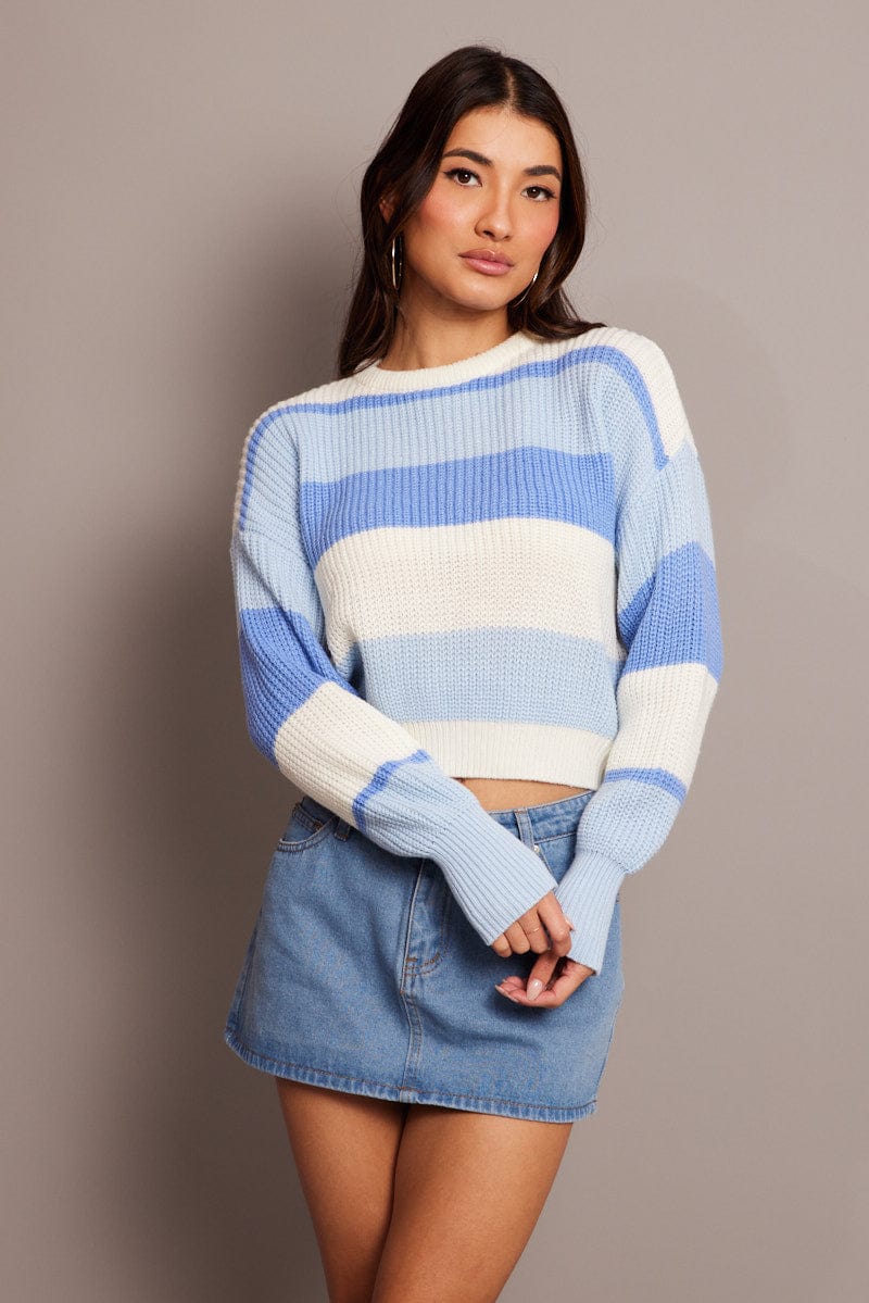 Blue Stripe Knit Jumper Long Sleeve Color Block for Ally Fashion