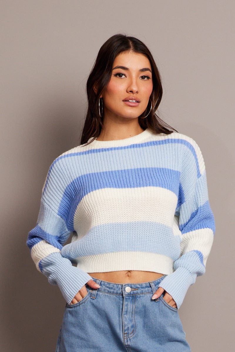 Blue Stripe Knit Jumper Long Sleeve Color Block for Ally Fashion