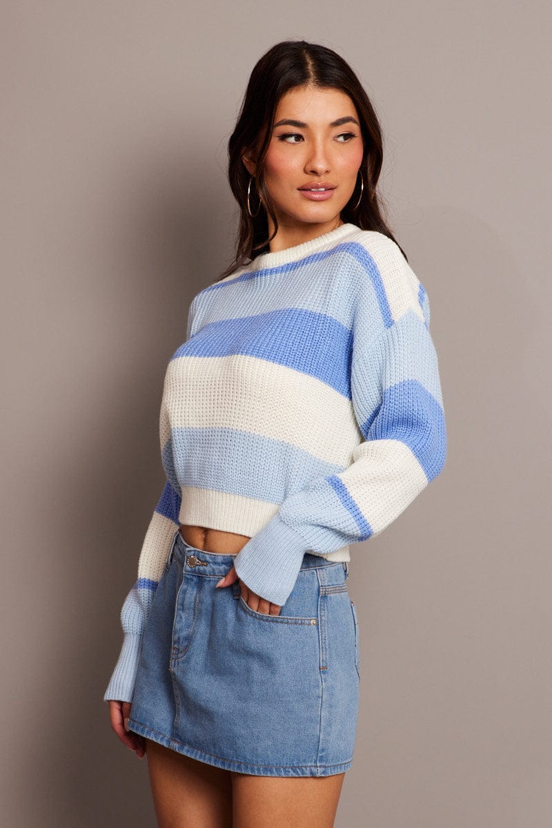 Blue Stripe Knit Jumper Long Sleeve Color Block for Ally Fashion